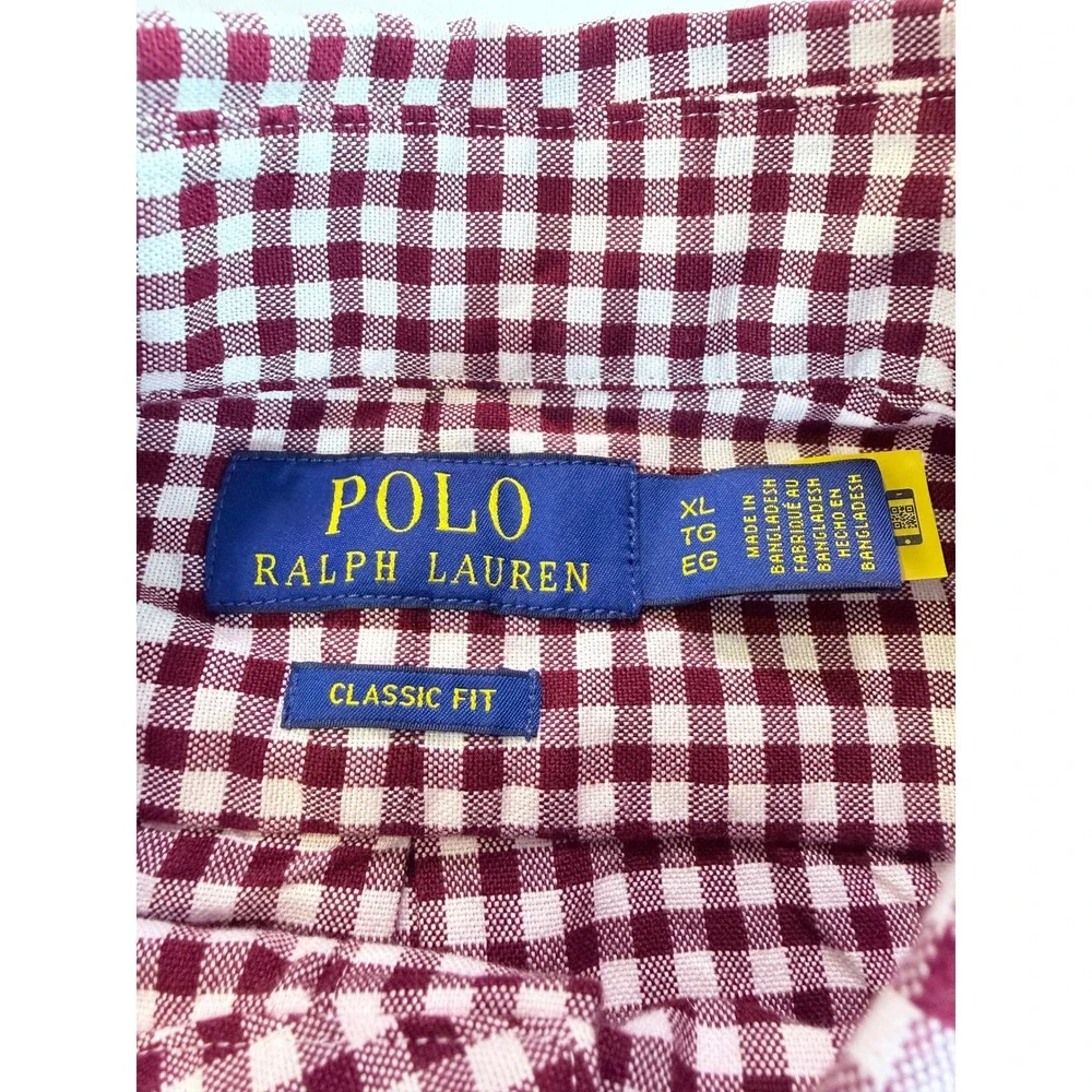 Polo Ralph Lauren Button‎ Down Mens XL Burgundy Gingham Classic Fit Long Sleeve